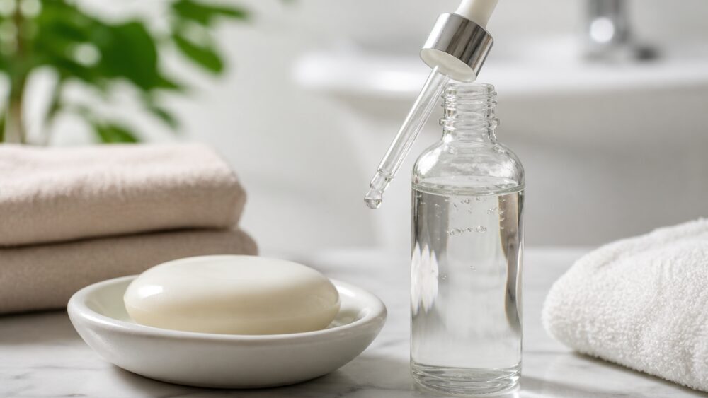 بطری شفاف پاک کننده ملایم حاوی گلیسیرین کنار قطرات آب و حوله سفید روی میز حمام