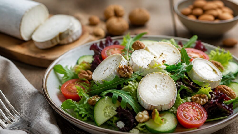 برش های پنیر بز روی سالاد سبز با گوجه گیلاسی، گردو و سبزی های تازه در بشقاب سفید
