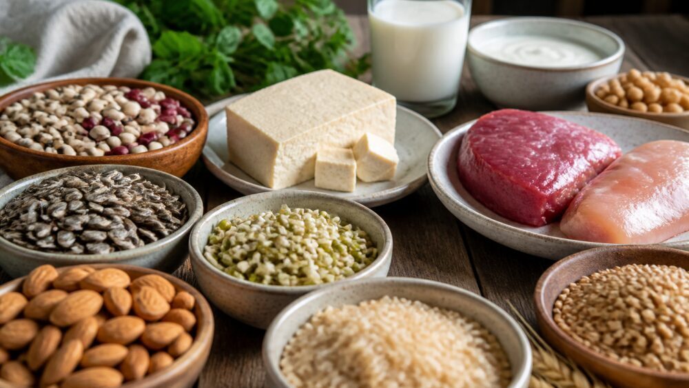 چیدمانی از نخود، لوبیا چشم بلبلی، برنج قهوه ای، تخمه آفتابگردان، بادام و جوانه گندم در کاسه های کوچک