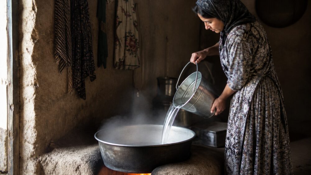زنی در فضای روستایی کنار اجاق، دیگی از آب را برای استحمام گرم می کند