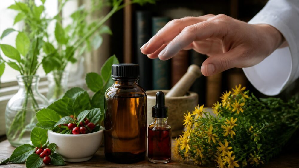 زنی در داروخانه بطری فرآورده گیاهی و بسته داروهای تجویزی را در دست دارد و با داروساز مشورت می کند