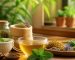 فنجان دمنوش گیاهی با برگ نعناع، گل بابونه و ریشه زنجبیل روی میز چوبی روشن