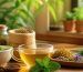 فنجان دمنوش گیاهی با برگ نعناع، گل بابونه و ریشه زنجبیل روی میز چوبی روشن