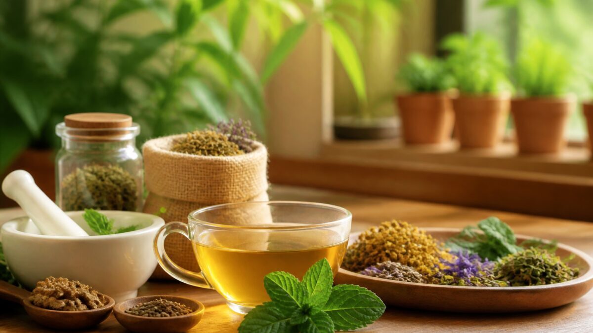 فنجان دمنوش گیاهی با برگ نعناع، گل بابونه و ریشه زنجبیل روی میز چوبی روشن
