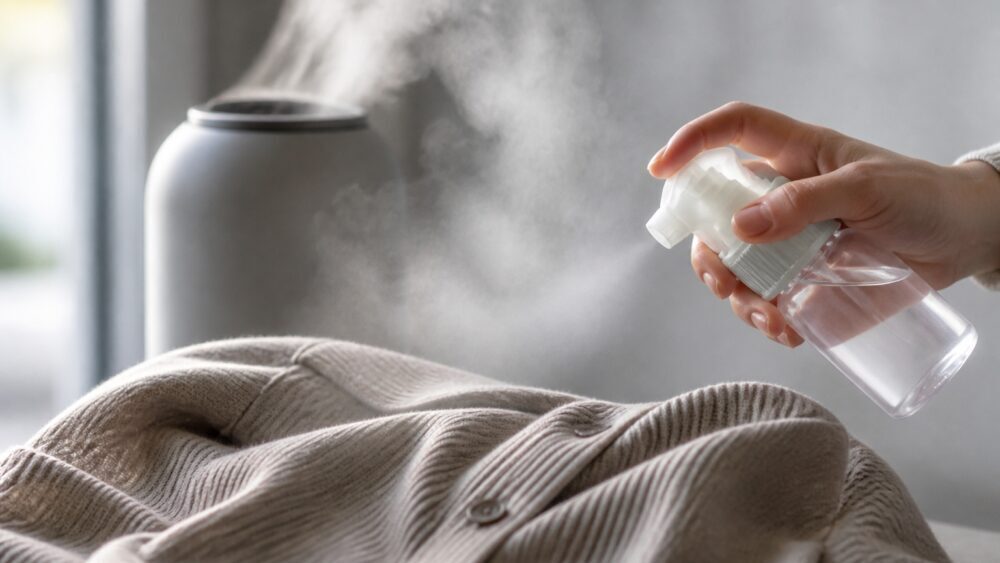 کیسه خشکشویی خانگی با لباس ظریف و ورقه معطر روی میز، در کنار پنجره باز