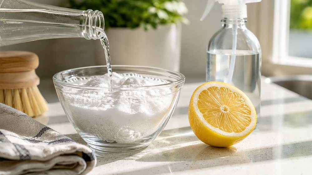ترکیب کردن پودر جوش شیرین و سرکه در یک ظرف شیشه ای در کنار یک بطری اسپری خالی روی میز آشپزخانه