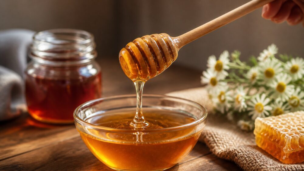 شیشه عسل طبیعی، قاشق چوبی آغشته به عسل و فنجان دمنوش گرم روی میز چوبی
