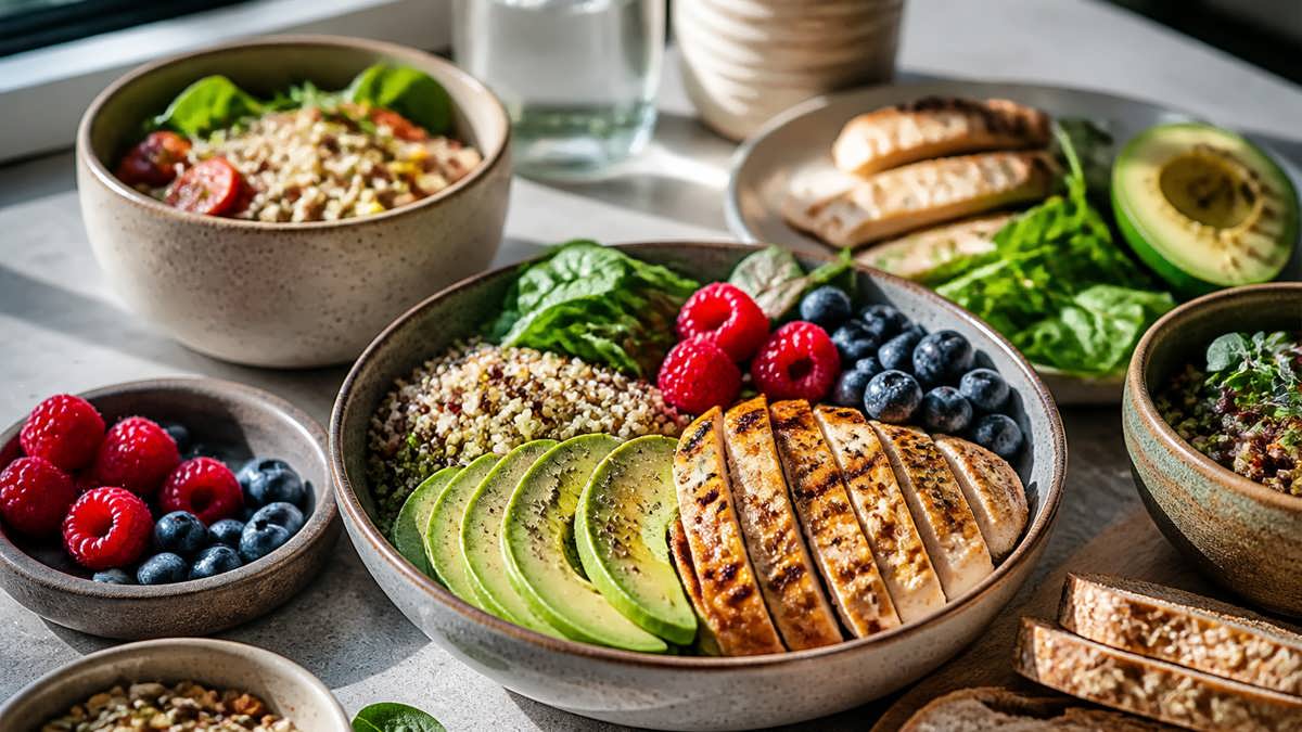 چیدمانی مدرن و سینمایی از مواد غذایی تازه و سالم که نمادی از انرژی و کالری در بدن انسان است.