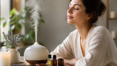دیفیوزر سرامیکی در حال پخش بخار کنار شیشه اسانس اسطوخودوس و حوله سفید روی میز چوبی