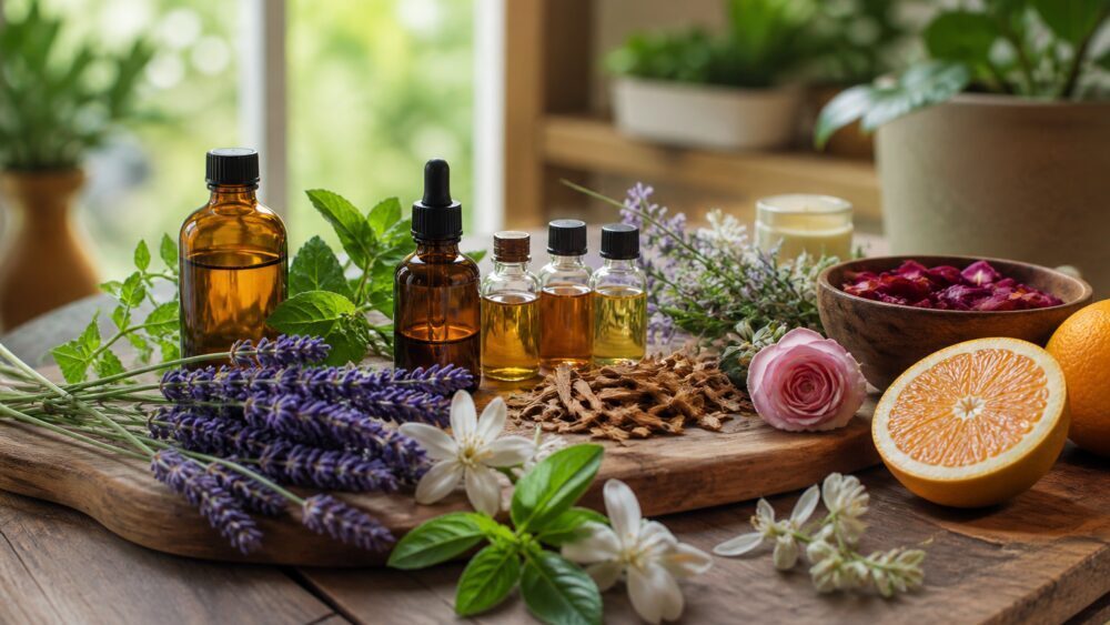 بطری های کوچک اسانس اسطوخودوس و پرتقال کنار گل های خشک و برش های پرتقال روی میز چوبی