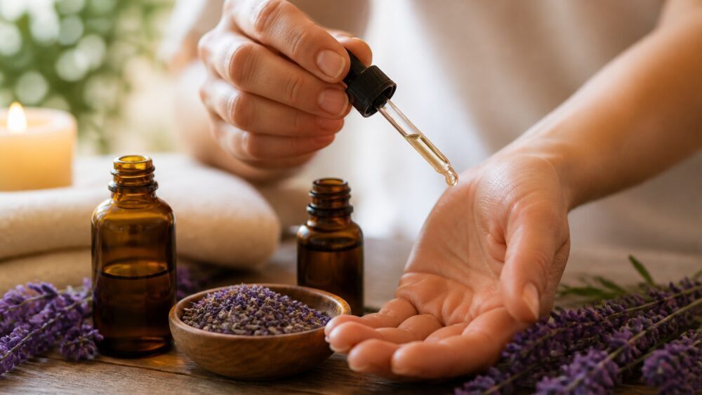 فردی در حال ماساژ شانه خسته با روغن رقیق شده اسطوخودوس، کنار بطری اسانس و روغن حامل