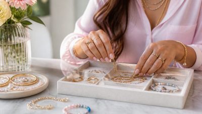 نمای نزدیک از گردنبندهای لایه‌ای طلایی و نقره‌ای با مهره‌های رنگی روی لباس روشن
