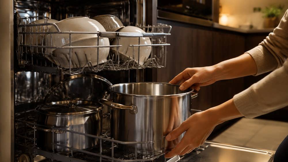 چیدن قابلمه های بزرگ و ظروف آشپزی در ماشین ظرفشویی برای شستشوی آسان.