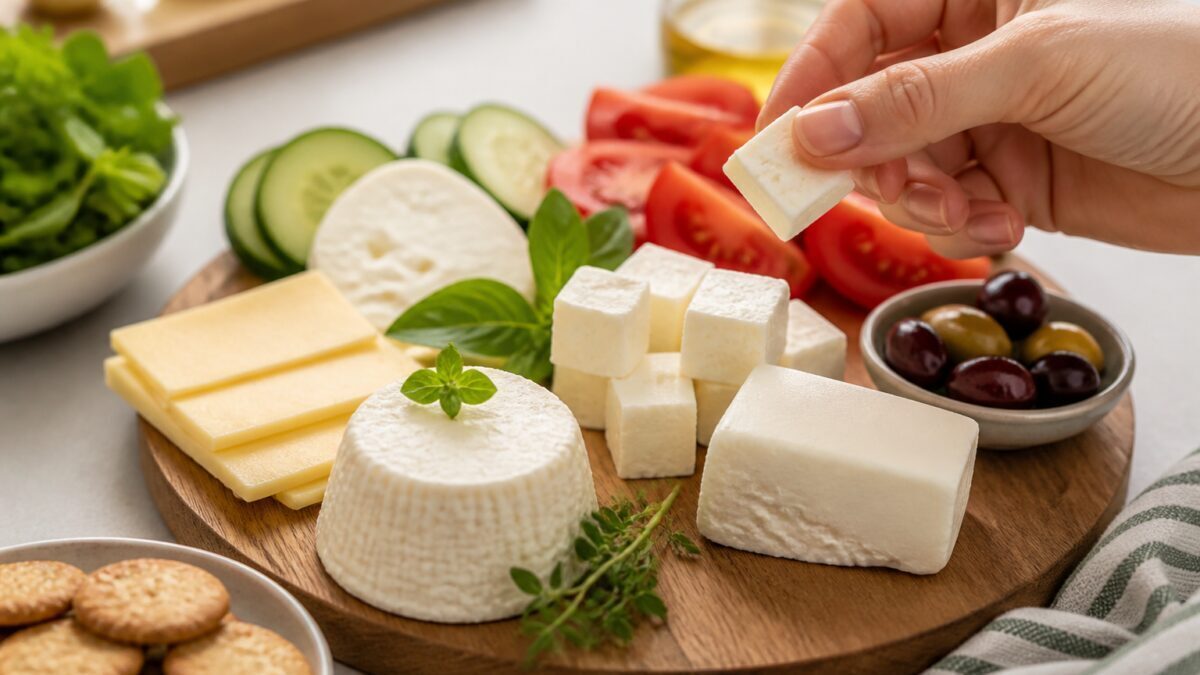 بشقاب چوبی با پنج نوع پنیر کم‌نمک، انگور تازه و سبزی‌های معطر روی میز روشن