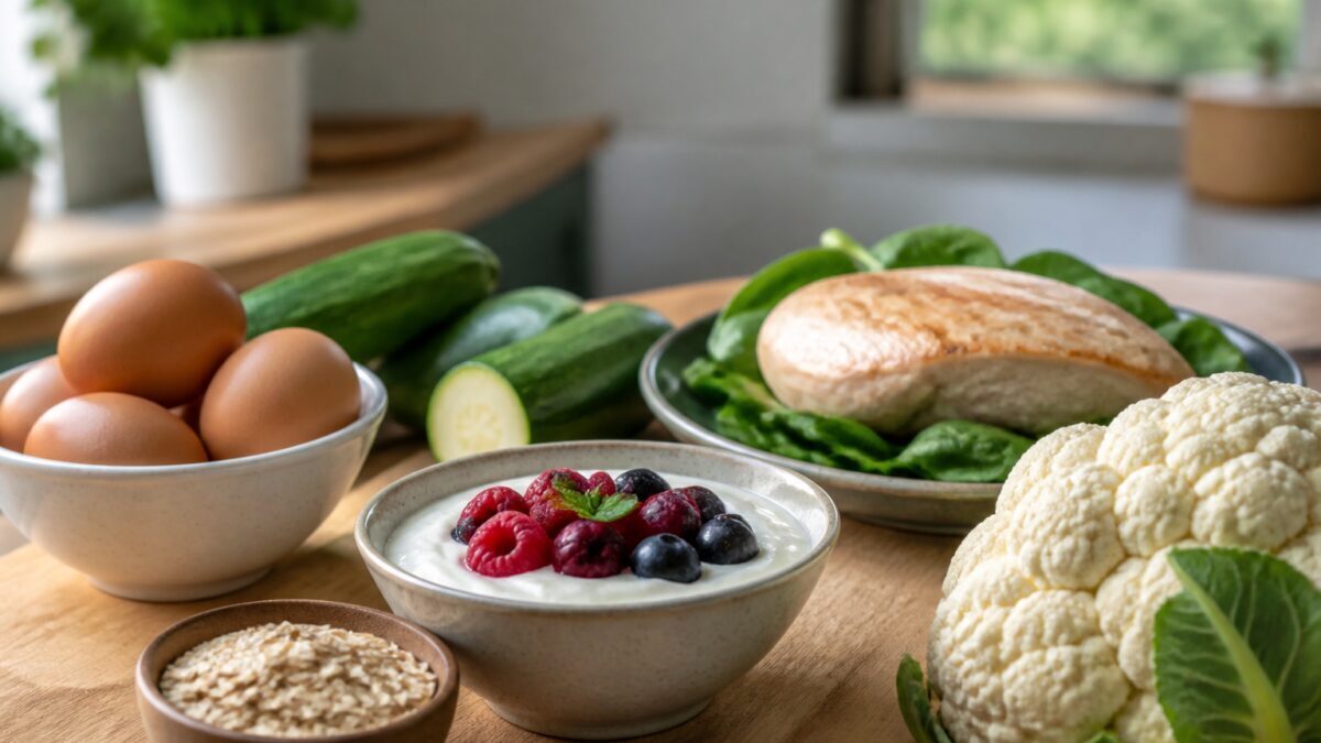 چیدمان سبزیجات تازه، میوه، ماست ساده و حبوبات کم‌نمک روی میز آشپزخانه