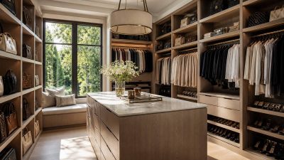 تصویر یک کمد دیواری زنانه لوکس و کاملاً مرتب با نورپردازی طبیعی و دسته‌بندی دقیق لباس‌ها و اکسسوری‌ها.