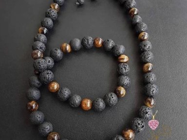 گردنبند سنگی مردانه (سنگ لاوا + سنگ چشم ببر)