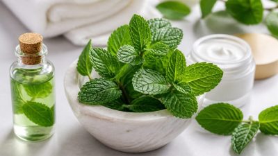 برگ‌های تازه نعناع کنار کاسه‌ای از ماسک سبزرنگ مراقبت پوست و حوله سفید روی میز روشن