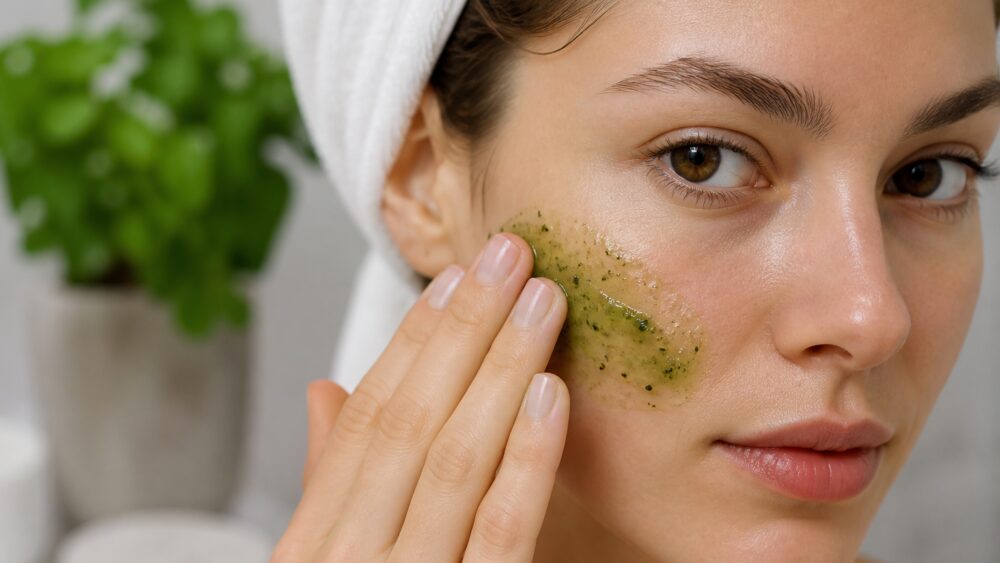 بطری مراقبت پوستی حاوی عصاره نعناع در کنار برگ های تازه نعناع و حوله سفید روی میز روشن