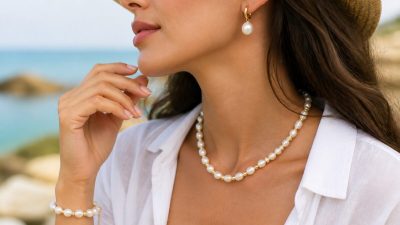 گردنبند، گوشواره و دستبند مرواریدی مدرن روی سطحی روشن با نور طبیعی تابستانی