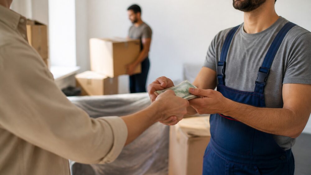 باربر در حال حمل جعبه مقوایی با برچسب «شکستنی» در راهروی خانه