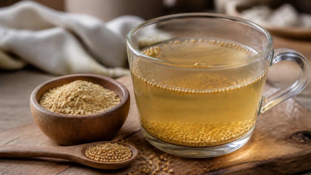دانه های خردشده خردل در لیوان آب گرم کنار هاون و دسته هاون روی میز آشپزخانه