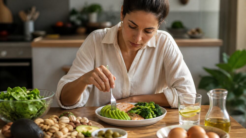 زن جوان در حال گفت وگو با متخصص تغذیه کنار میز دارای سبزیجات، بطری آب و برنامه غذایی
