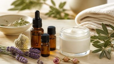 شیشه‌های روغن ضروری، کاسه کرم مرطوب‌کننده و گل‌های اسطوخودوس روی میز روشن