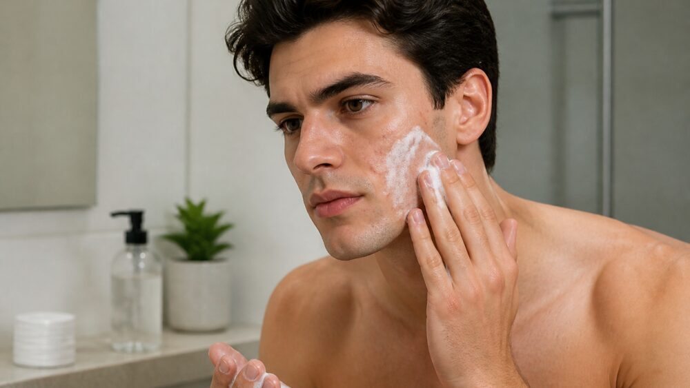 بطری شوینده ژلی ملایم، پد کنترل چربی و مرطوب کننده کنار آینه حمام برای مراقبت از پوست چرب