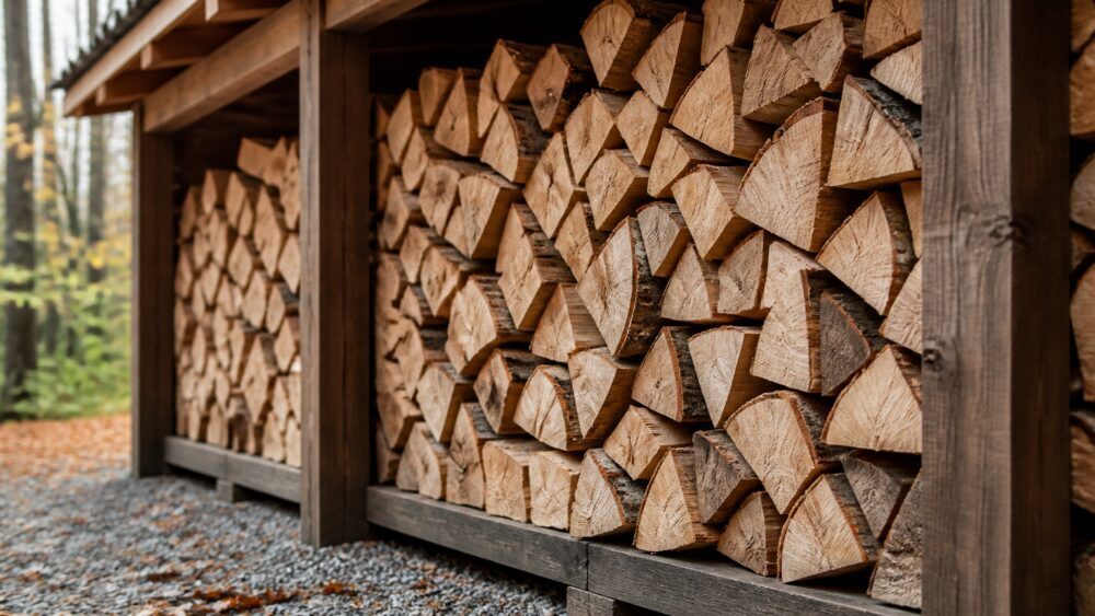 هیزم های خشک و مرتب روی پایه ای در فضای باز، دور از دیوار ساختمان نگهداری شده اند