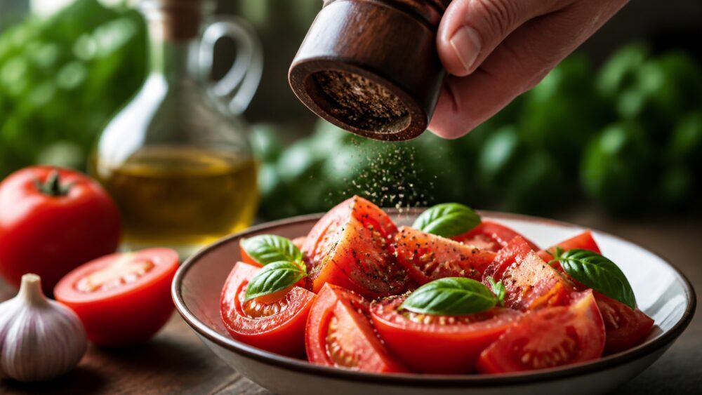 دستی در حال آسیاب کردن فلفل سیاه تازه روی سالاد گوجه فرنگی با برگ های سبز