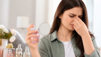 زنی با حالت ناراحتی بینی و چشم‌ها را کنار شیشه عطر روی میز آرایشی می‌پوشاند