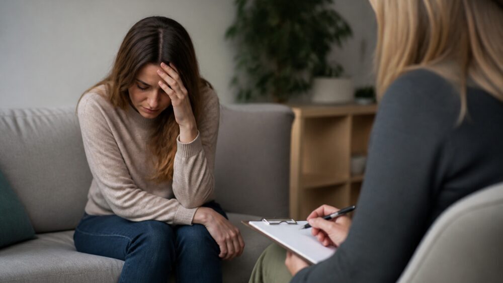 فردی در فضای آرام خانه با تلفن همراه در دست، کنار شیشه اسانس و دفترچه یادداشت نشسته است