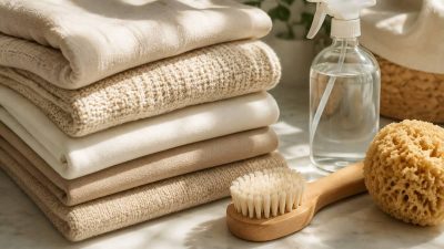 مجموعه‌ای از ابزارهای حرفه‌ای و ملایم لکه‌بری مانند برس چوبی، اسفنج طبیعی و اسپری شیشه‌ای در کنار پارچه‌های تمیز و باکیفیت.