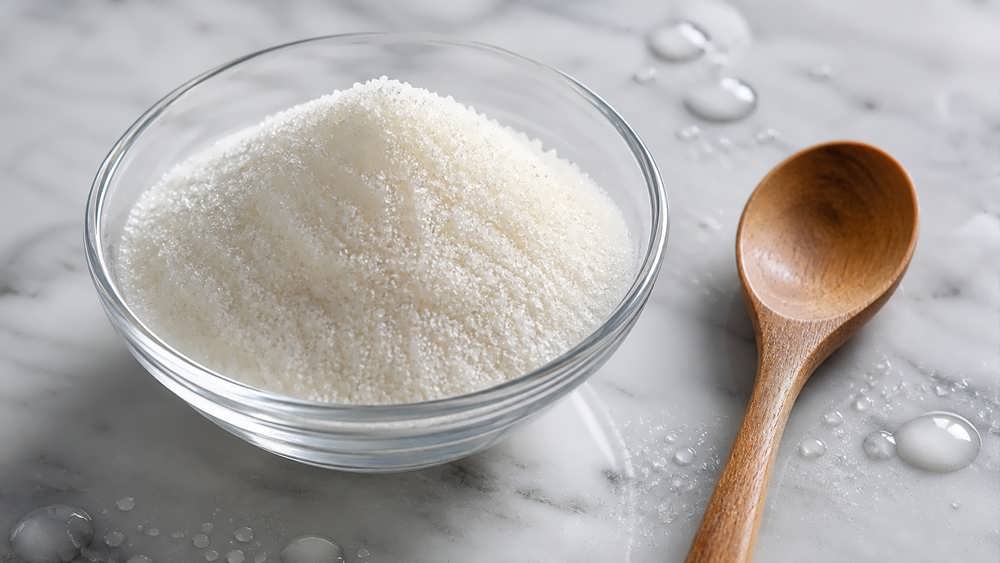 نمای نزدیک از پودر ژلاتین خالص درون یک کاسه شیشه ای کوچک در کنار یک قاشق چوبی مینیمال و قطرات آب.