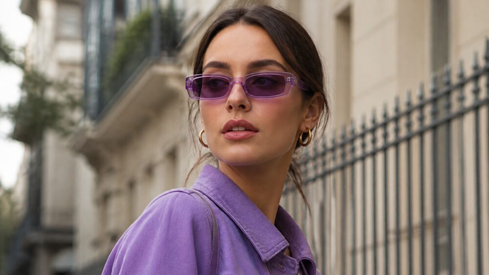 زنی با عینک آفتابی بسیار کوچک با فریم بنفش در خیابان شهری، با استایلی ساده و مدرن
