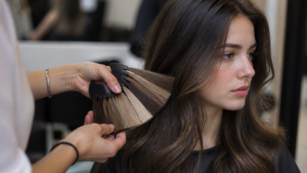 آرایشگر در سالن، تونر بنفش را روی موهای روشن و سرد مشتری برای خنثی کردن زردی اعمال می کند