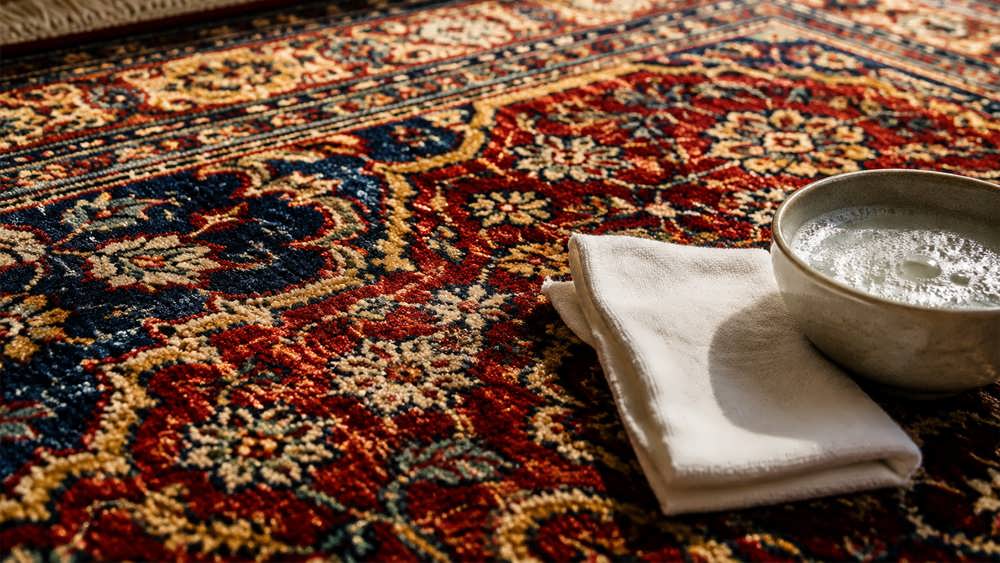 دستمال نخی سفید و کاسه آب ولرم در کنار لکه گل خشک شده روی فرش دستباف ایرانی.