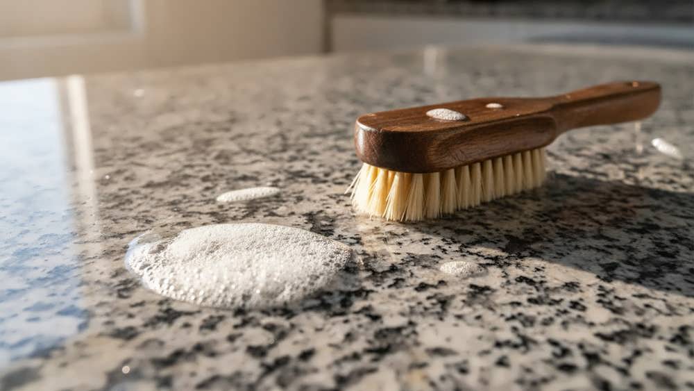 تمیز کردن سطح سنگی گرانیتی با برس نرم و شوینده برای پاک کردن آبرنگ