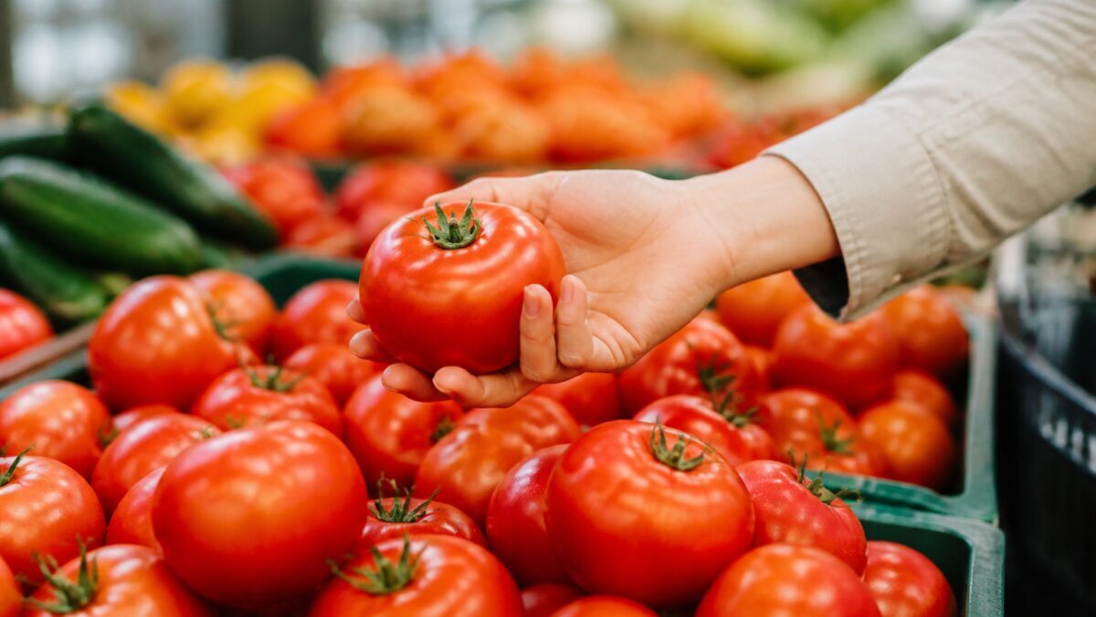 چند گوجه‌فرنگی قرمز و رسیده با پوست براق روی پیشخوان چوبی، در نور طبیعی آشپزخانه