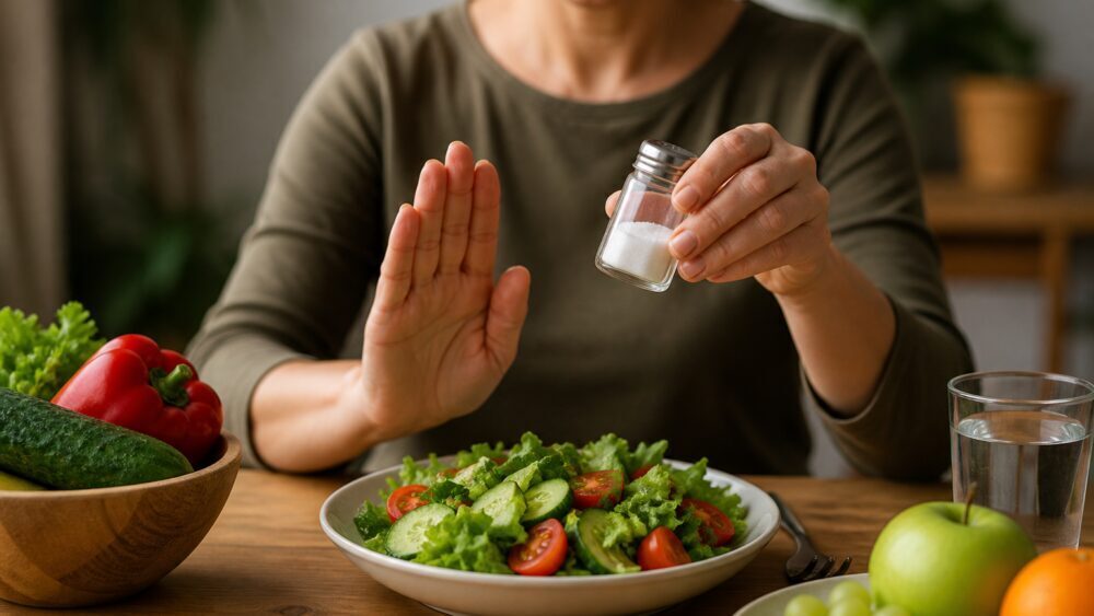 قاشق چای خوری نمک کنار بشقابی از سبزیجات تازه روی میز آشپزخانه