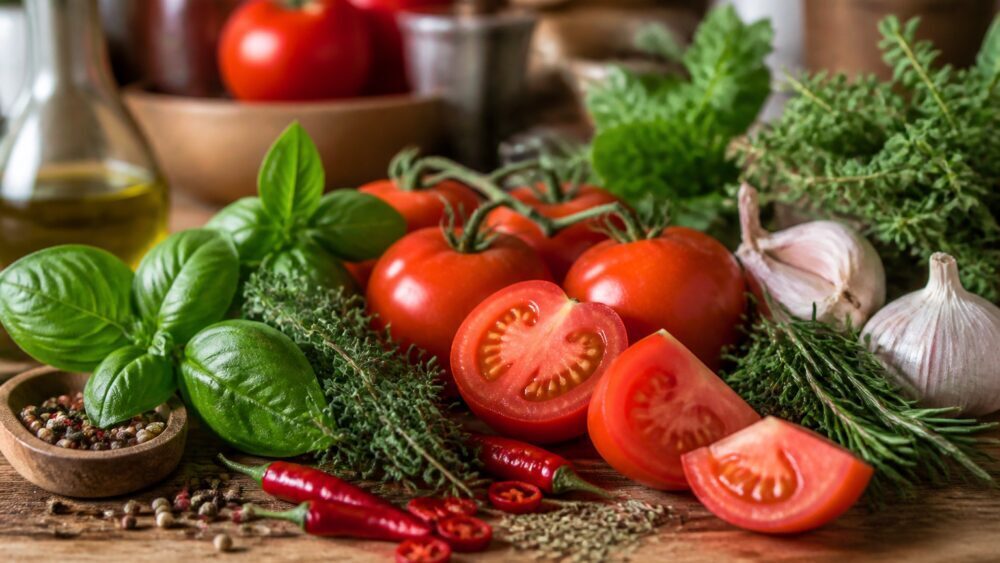 دست آشپز در حال افزودن ریحان، آویشن و فلفل قرمز به گوجه فرنگی های تازه روی تخته چوبی