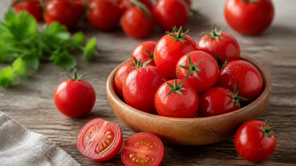 چند گوجه‌فرنگی تازه و برش‌خورده روی تخته چوبی در نور طبیعی آشپزخانه