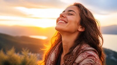 زنی جوان با لبخند آرام در نور طبیعی، در حال قدم‌زدن در فضای سبز شهری