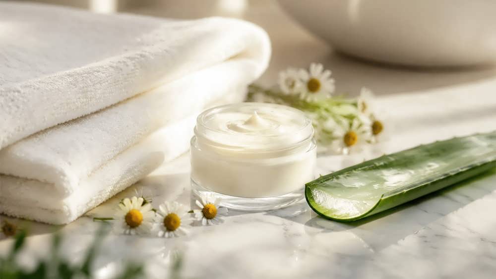 مراقبت ملایم از پوست حساس با حوله نخی نرم و عناصر تسکین دهنده طبیعی در نور ملایم
