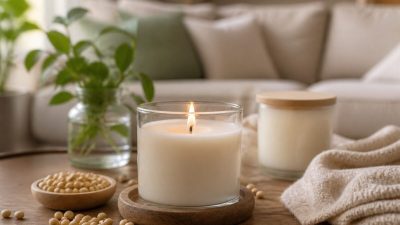 شمع سویا روشن در ظرف شیشه‌ای روی میز چوبی، کنار شاخه‌ای سبز در فضای روشن خانه