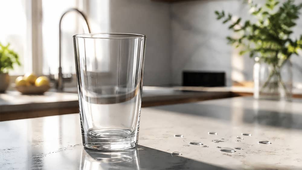 یک لیوان شیشه ای بسیار شفاف و بدون لکه آب روی یک کانتر تمیز.