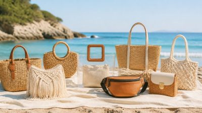 چند کیف تابستانی شیک شامل مدل حصیری، شفاف، کمری و ریش‌ریش روی میز روشن