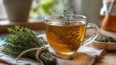 فنجان دمنوش آویشن با شاخه‌های تازه آویشن و عسل روی میز چوبی روشن