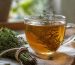 فنجان دمنوش آویشن با شاخه‌های تازه آویشن و عسل روی میز چوبی روشن